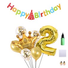 미니띠네 크라운 파티 숫자 2 풍선 골드 81cm + 해피벌스데이 가랜드 레인보우 + 왕관 풍선 골드 + 컨페티 라텍스 풍선 3p + 라텍스 풍선 골드 2p + 스폰지 닷 + 리본끈 골드 + 리본끈 로즈골드 2p + 펌프 랜덤발송 세트, 혼합색상, 1세트