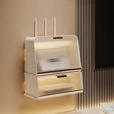 菈菈工房 居家免鑽孔現代風延長線機上盒雙層整理盒, 1個, 透明 + 米白色