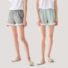 테라우드 여성용 리썸 체크 레이스 3부 파자마 바지 2종 세트