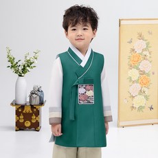 geumdong hanbok 男童用綠色三色袖韓服 背心 + 上衣 + 褲子 套組 AM212