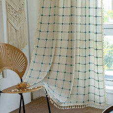 G&Y 麻花混色格紋緹花穿桿式窗簾, 米藍色