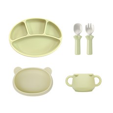 MODU'I 小熊矽膠學習湯匙+叉子+湯叉收納盒+防滑餐盤+水杯+餐碗組, 綠豆色, 1組