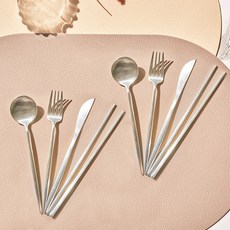 DALPAENGI LIVING Cuisine de Maman 經典餐具4人組, 湯匙 4p + 筷子 4p + 叉子 4p + 餐刀 4p, 霧面銀