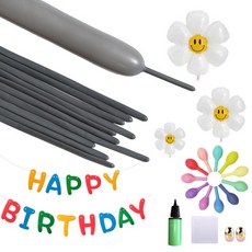 MINITTINE 馬卡龍氣球 + 馬卡龍長條氣球 1.8g x 50p + 微笑花朵3件組 + 毛氈Happy Birthday掛旗 + 氣泵套組, 隨機出貨(氣球), 黑色(長條), 隨機出貨(氣泵), 1套