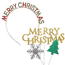 joyparty 金屬光澤聖誕髮箍 + 裝飾插牌, 紅綠色(髮箍) + 金色(聖誕裝飾插牌), 1套