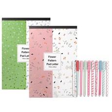 花朵圖案信紙本 2入 + 繽紛彩色中性筆 10色組, 隨機出貨, 1套