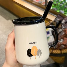 모던지 黑白馬克杯 + 蓋子 + 湯匙組 7.5 x 10 cm YJ695, B, 1套