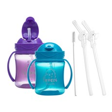 iBYEOL Friends 翻轉顏色吸管杯 2入+替換吸管 2入+吸管刷組, 藍色+紫色, 1組