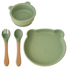 Peripia 嬰幼兒寶寶小熊矽膠吸附式餐具4件組, 1套, 碗 + 餐盤 + 湯匙 + 叉子, 暖草綠色