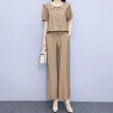 ATTERLIC 大尺碼夏季可愛翻領抓皺T恤 + 鬆緊帶長褲套裝 10386