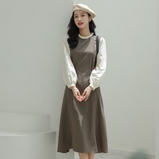 TANIZ Murphy 泡泡袖襯衫馬甲中長連身裙, 棕色