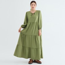 엘쏘 무지 패턴 플레어 A라인 벌룬소매 롱 원피스