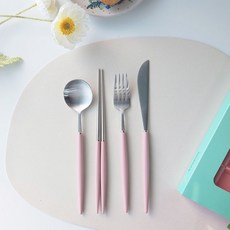 보겐 에펠 커트러리 양식 1인 세트, 실버  + 라이트핑크, 디너스푼 + 젓가락 + 디너포크 + 디너나이프, 1세트