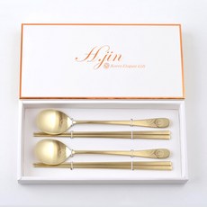 H.Jin 帥氣壽福鈦金湯匙筷子2入組, 1套, 鈦金湯匙 2p + 筷子 2p + 正品盒, 金色