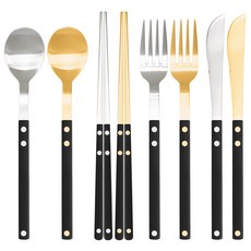 Bogen Sentier 餐具兩人份4件組, 1套, 金色 + 黑色, 銀色 + 黑色, 湯匙 2p + 筷子 2p + 餐叉 2p + 餐刀 2p