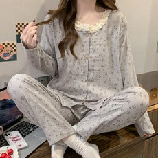 PEONIST 女款雲朵棉蕾絲長袖兩件式睡衣上下套裝