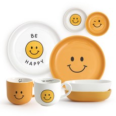 DOHO 스마일 2인 그릇 세트 8p, 접시 2p + 타원볼 2p + 소스볼 2p + 머그 2p, 옐로우, 화이트