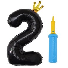 J Balloon 鋁箔皇冠數字氣球 大 2 + 手動打氣筒組合, 1套, 黑色(氣球), 藍色(手動打氣筒)