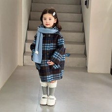 Starbean 兒童格紋圖案連帽雙排釦長版大衣