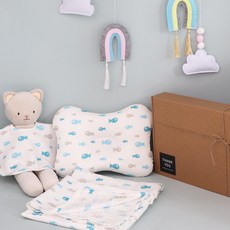 JEIYUNI 新生兒用 週歲 百日 懷孕祝賀 防扁頭枕 + 毯子 + 圍兜 禮物套組