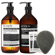 ecoliv 摩洛哥堅果油頭皮護理洗髮精1000ml+花香沐浴露1000ml+洗臉海綿+試用包2入, 1組