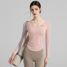 씨오브비 여성용 브이넥 긴팔 필라테스 셔링 티셔츠