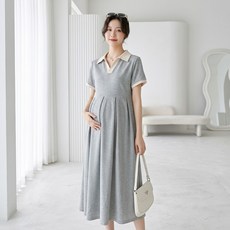 알럽홈 여성용 깔끔 브이넥 칼라 플리츠 롱 임산부 원피스 L263-0299