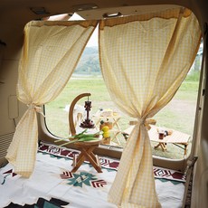 汽車後車箱用格紋印花窗簾 2入+窗簾綁帶 2入+繩子+收納袋+LED球燈串組, 1套, 黃色