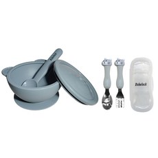 BeBeLock 矽膠吸盤碗組+不鏽鋼湯匙叉子組, 藍灰色(餐碗套組)+灰色(餐具套組), 餐碗套組+餐具套組