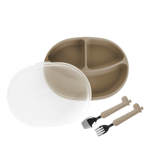 Edison 愛迪生 矽膠餐盤+長頸鹿造型矽膠湯匙+叉子, 米色, 餐盤+蓋子+湯匙+叉子