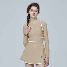 LAZYBEE 女款多向彈力繞頸修身連身裙 + 開襟衫 + 裙子套組, 米色
