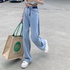 PEONIST 女款線條拼接寬版牛仔褲 R