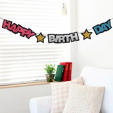 生日快樂星星亮粉黑色圓形毛氈拉旗, 2個, 混合色