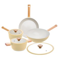 Sisem 電磁爐適用奶油色陶瓷塗層鍋具平底鍋套組, 1組, 煎鍋28cm+炒鍋28cm+玻璃蓋28cm+單鍋18cm+雙鍋20cm, 黃色奶油