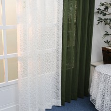 NASANDECO 鈴鐺刺繡亞麻窗簾2件組, 白色, 深綠色, 隨機出貨(綁帶)