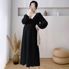 V領蕾絲褶襉孕婦連身長裙