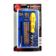 VESSEL Tools 螺絲起子頭 十字 一字 六角 套筒 手動套筒 手柄組 S-11, 22種, 1套