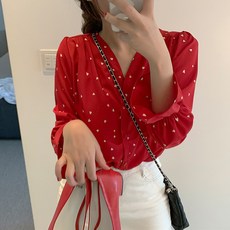 MarketA 女款迷你愛心抓皺V領雪紡衫