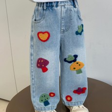 Hararoi 兒童可愛毛球蘑菇刺繡寬褲