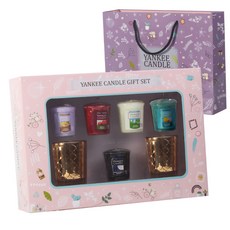 YANKee CANDLe Votive許願燭5種 + 徽章燭台2入 禮盒組 + 購物袋, 混色, 黑櫻桃, 潔淨棉, 檸檬薰衣草, 巴哈馬微風, 仲夏之夜