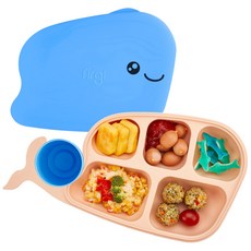 Firgi 幼兒自導特製鯨魚餐盤套組, 基本藍, 盤子+蓋子+杯子, 1組
