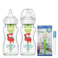 닥터브라운 폭스 데코 와이드넥 유리 젖병 270ml 2p + 통기시스템 전용솔, 3단계(6~9개월), 혼합색상, 1개