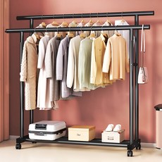 하이어데코 이동식 옷걸이 2단봉 1단선반 행거, 블랙