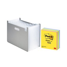 deLi 手風琴文件盒水平 + 便利貼立方體 CT-33 63951, 灰色（文件盒）、粉彩（便利貼）, 1套