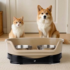 DING DONG PET 寵物防護托盤雙碗不鏽鋼餐具, 1個, 米色