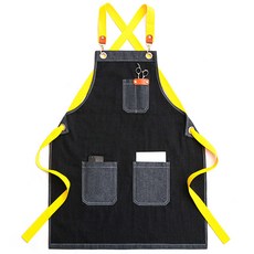UNICOSY 水洗丹寧扣環背帶圍裙, 03 黑色 + 黃色圍裙, 1個