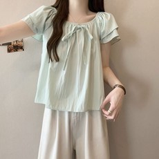 女神蝴蝶結法式荷葉邊袖短袖襯衫 YHB34