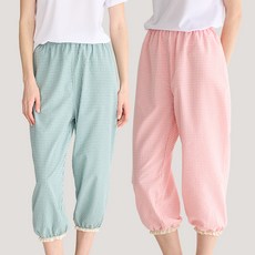 테라우드 여성용 리썸 체크 밴딩 레이스 9부 파자마 바지 2종 세트