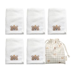 SEMOMS 小熊刺繡毛巾 5入+小袋組, 乳白色, 1組