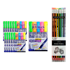DONG-A Jet Stick螢光筆 5色 12入+彩色橡皮擦頭鉛筆 SG-208 12入, 混色, 1套